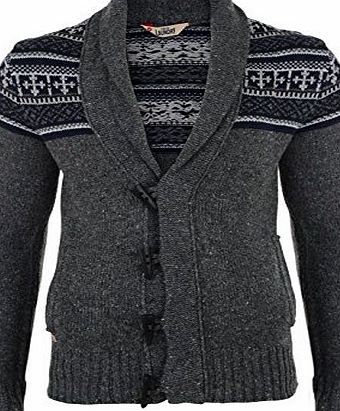 Tokyo Laundry Mens TOKYO LAUNDRY Shawl Collar Toggle Cardigan Jumper With Fairisle / Nordic Design. Style -Kanto (1B3005). Colour - Charcoal Nep. Size - Small