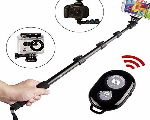 Extendable Telescopic Handheld Selfie Self Pole High Quality Aluminum 4 Section Monopod with Remote Shutter With GoPro Tripods Mount Adapter For Hero HD Hero2 Hero3 Outdoor Action Camera (188)