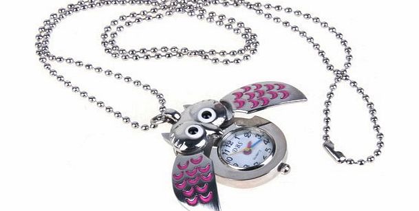 TOOGOO(R) Cute Mini Owl Pocket Watch Necklace--Silver and Pink