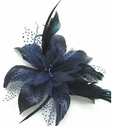 Navy Blue Chiffon Flower and Feather Fascinator. Ideal Weddings,Races,etc