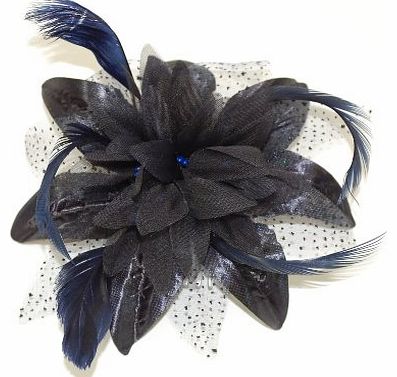 Navy Blue Hair Flower Net Feather Clear Comb Fascinator Bridal Party Wear W15 x D6 cm Navy Blue