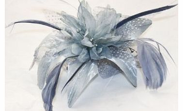 Silver grey chiffon flower & feather fascinator on comb. Perfect for wedding, races or other special occasion.