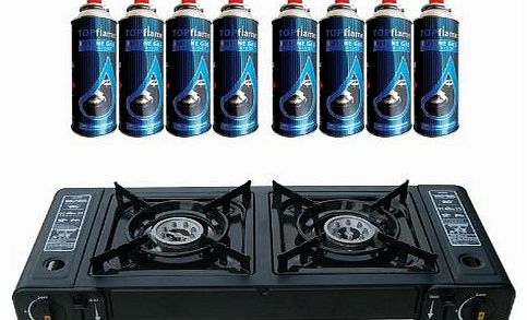  Dual Burner Double Hob Camping Gas Stove Cooker + 8 Gas Refills