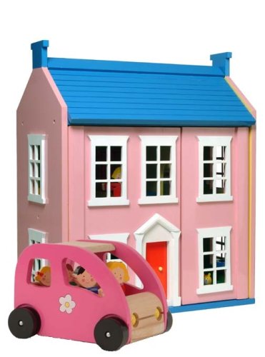 Large Furnished Wooden Dolls House with Car