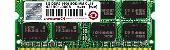 Transcend JetRam 8GB DDR3 204 Pin 1600MHz PC3-12800 SO-DIMM Laptop Memory Module