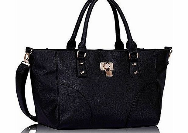 TrendStar Womens Designer Faux Leather Celebrity Bucket Style Tote Shoulder Bags Handbags (Black PadLock Zipper Tote)