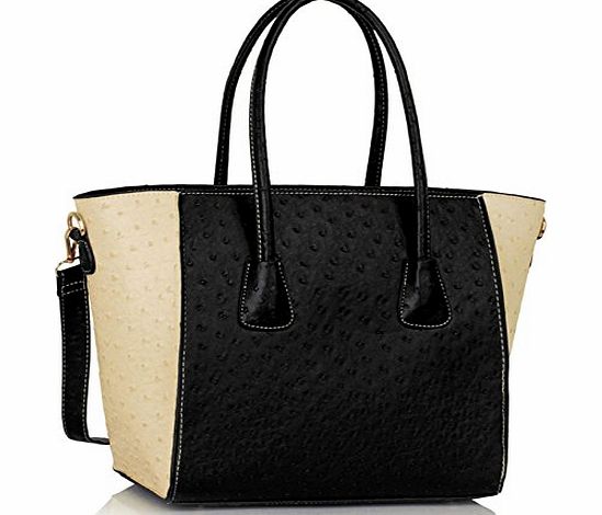 TrendStar Womens HandBags Designer Celebrity Style Faux Leather Shoulder Ostrich Tote Bags (Black/White Ostrich Tote)