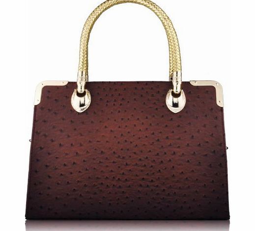TrendStar Womens Ladies Designer Faux Leather Celebrity Ostrich Style Tote Bag Shoulder Satchel Handbag (Coffee Ostrich Gold)