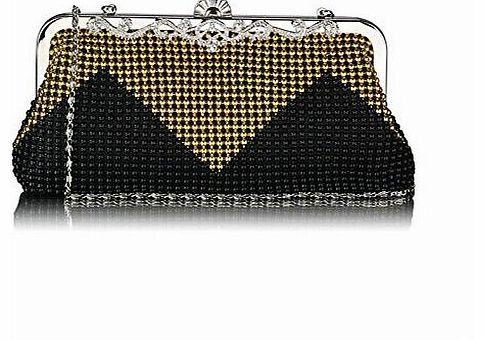 Womens Stylish Celebrity Style Beaded Crystal Contrast Party Clutch Evening Bags (Black/Gold Beaded Clutch)