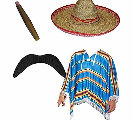 TrendyFashion MENS MULTICOLORED MEXICAN PONCHO COSTUME HAT CIGAR MUSTACHE ADULT FANCY DRESS#MexicanCostumeLarge
