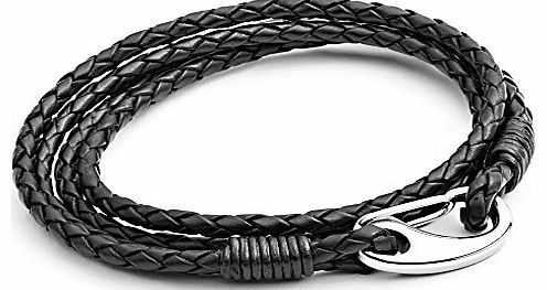 Mens 21 cm Black Leather 4-Strand Bracelet with Stainless Steel Shrimp Clasp