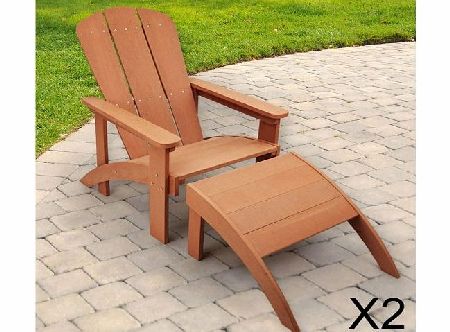 2 x Trueshopping Adirondack Outdoor Garden or Patio Wooden Wood Armchair / Sun Lounger Sunlounger Chair With Leg Rest in Light Teak - No Maintenance Easy Care Polyteak