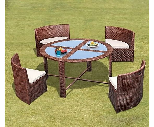Modern Wicker ``Elise`` Brown Garden / Patio Outdoor Dining Set with Round Glass Table and Aluminium Frame, 4 chairs with padded cushions & includes FREE Waterproof Weather Cover