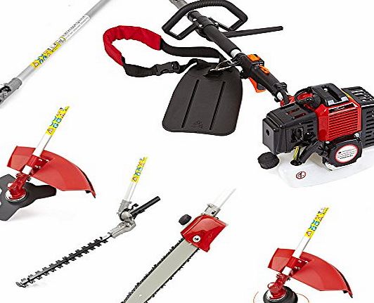 NEW TRUESHOPPING 52CC TOTAL GARDENERX5 PETROL LONG REACH MULTI FUNCTION 5 IN1 GARDEN TOOL INCLUDING: HEDGE TRIMMER, STRIMMER, BRUSHCUTTER, CHAINSAW PRUNER & FREE EXTENSION POLE 2-STROKE 2.2KW 3HP