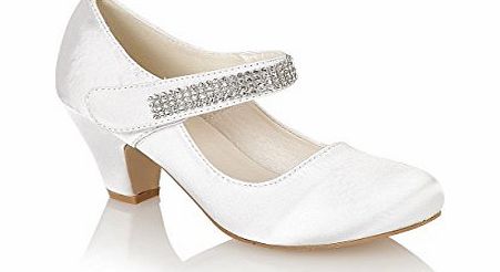 Truffle Girls Kids Mary Jane Prom Party Wedding Velcro Low Wedge Heel Sandals Shoe Size 10 - 2 , [White (Satin)], [UK-1 / EU-33 / US-2 (Older)]