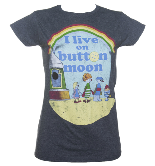 Ladies Heather Navy I Live On Button Moon T-Shirt