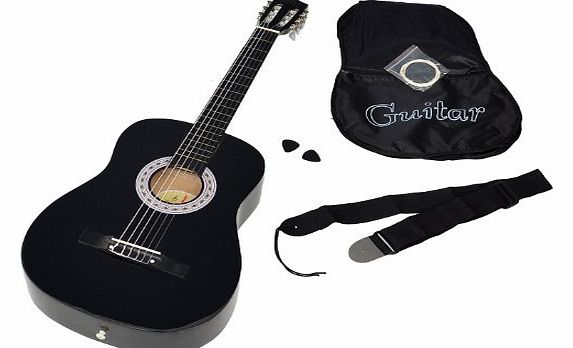 ts-ideen 5263 Acoustic Classical Guitar with Bag Strings Plectrum and Strap Black