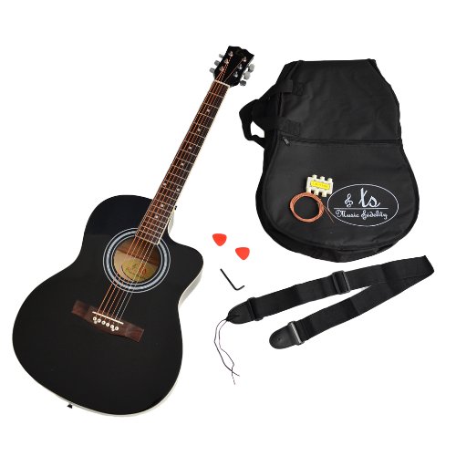 ts-ideen Full-Size Rosewood Western Acoustic Guitar with Padded Bag / Strap / Spare Strings / Pitch Black
