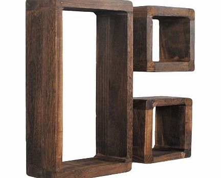 ts-ideen Set of 3 shelves retro wooden cube shaped shabby solid dark brown for salon