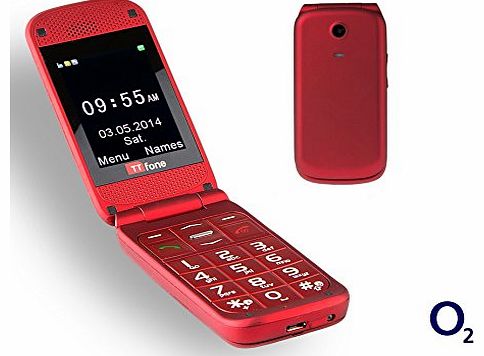 TTfone Venus O2 Pay As You Go Big Button Flip Mobile Phone with Camera and SOS Button - Red