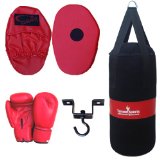 Complete Boxing and Fitness Set Canvas Punch Bag Kickboxing Bag 2 feet Red Black with Heavy duty Metal Ceiling Hook for hanging bags martial arts focus pad Rexion with target and Boxing Gloves hand mo
