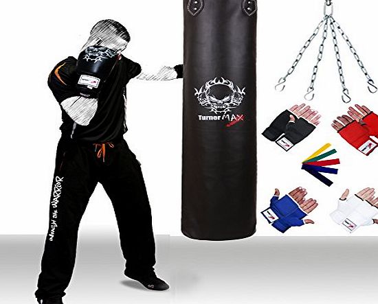 Turner Sports Kick Boxing Punch Bag Filled with Bag mitts and Chain Real Vinyl Black 4ft