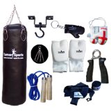 Vinyl Black Punch Bag Sets 5 feet with Free Chrome Plated chain, Bag Mitts, Heavy dute Metal Ceiling Hook, Nylon Skipping Rope Blue, Boxing Glove UK Flagged Miniature and novelty, Boxing Gloves Key Ch