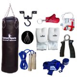 Vinyl Black Punch Bags Set 5 feet with Free Chrome Plated chain, Bag Mitts, Heavy dute Metal Ceiling Hook, Nylon Skipping Rope Blue, Boxing Glove UK Flagged Miniature and novelty, Boxing Gloves Key Ch