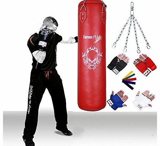 TurnerMAX Boxing Punch Bag FILLED Rex Leather Bag Gloves Mitts Chain MMA UFC Punching Bag Red 3 FT