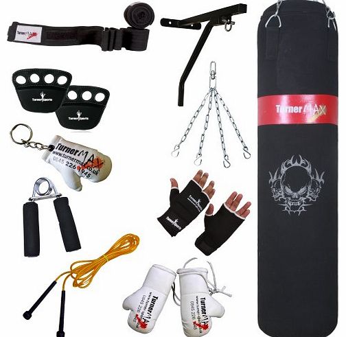 TurnerMAX Boxing Punch Bag Set wall bracket bag gloves skipping rope wraps hand gripper knuckle protector chain 4 ft