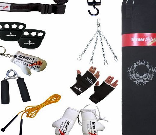 TurnerMAX Boxing Set Punch bag bracket bag gloves skipping rope wraps hand gripper knuckle protector chain 3 foot