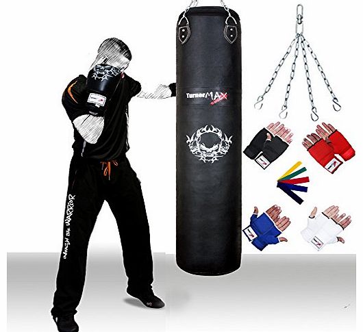 TurnerMAX Genuine Cowhide Leather Punch Bag Boxing Set with Swivel Chain, Bag Gloves and Heavy Duty Metal Punchbag Ceiling hook bracket Black 6 feet