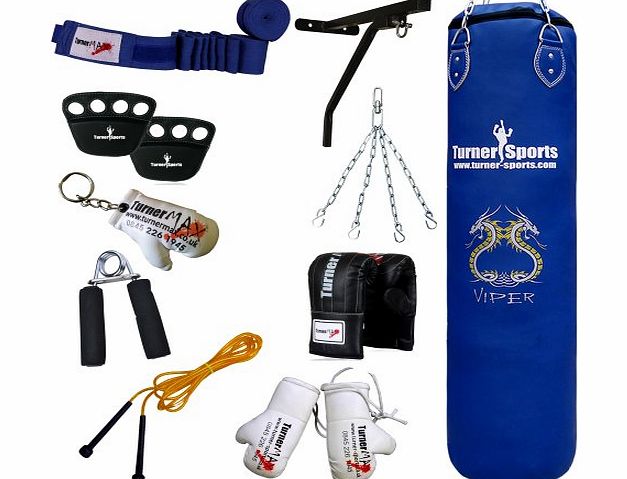 TurnerMAX Punch Bag Set Boxing Bag Gloves Bracket muay thai kickboxing Training MMA 13 Pc Blue 3 ft