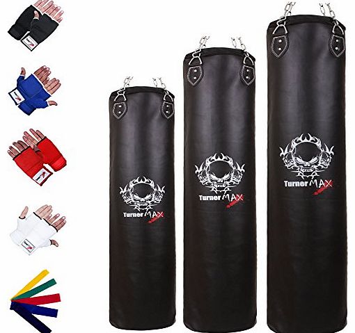 TurnerMAX Punch Bag UNFILLED Rex Leather with Bag Gloves Chain Kick Boxing punchbags Black 4 ft