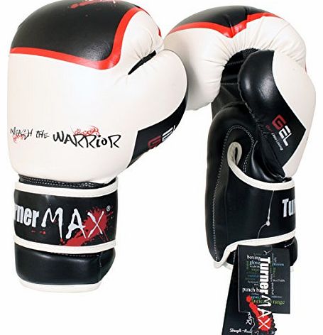 TurnerMAX Rex Leather Gel Boxing Gloves Fight Punch Bag MMA Muay Thai Grappling White Black 12oz