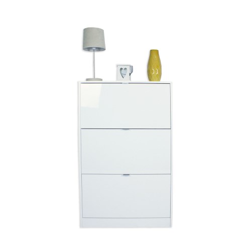 Shoe Cabinet In White High Gloss - 18 Pairs
