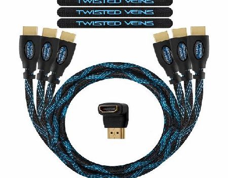 Twisted Veins 3ACHB3 Three (3) Pack of 3 (90 cm) High Speed HDMI Cables   Right Angle Adapter and Velcro Cable Ties (Latest Version Supports Ethernet, 3D, and Audio Return)
