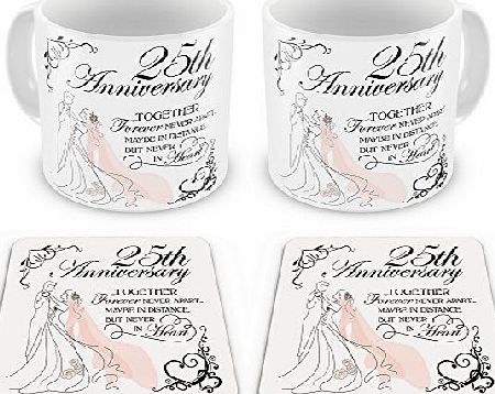 UCG Set of 25th Anniversary (Silver) Together Forever Never Apart Novelty Gift Mugs with Coasters