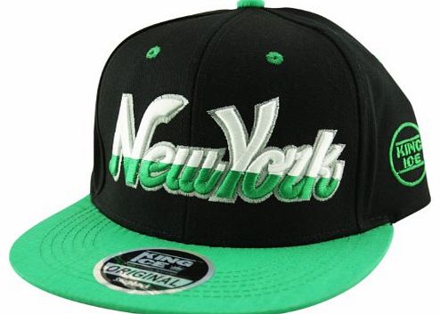 King Ice Snapback Hat Flat Peak Adult Adjustable Baseball Cap New York NY Script Half in Black and Green