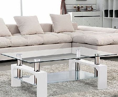 UEnjoy Rectangular Glass Coffee Table Living Room White