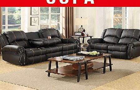 UEnjoy Sofas 3 seater and 2 seater Leather Recliner Sofa Suite Black Gold Thread