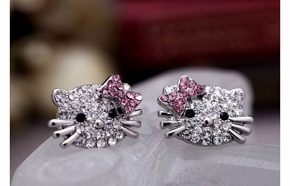 New cute pink bow little cat face full diamante silver alloy earrings ear studs Free delivery