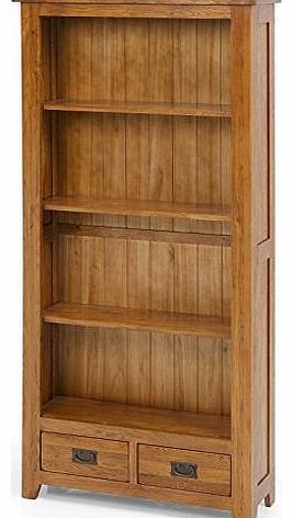 Rustic Solid Oak Tall Bookcase 4 Shelves 2 Drawers 89x30x190 Large Wide Lounge Indoor Furniture