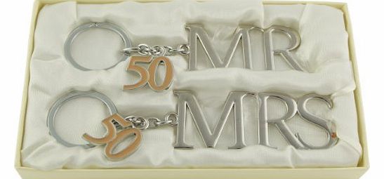 Silver Plated Mr & Mrs Keyring 50th Golden Wedding Anniversary Gift
