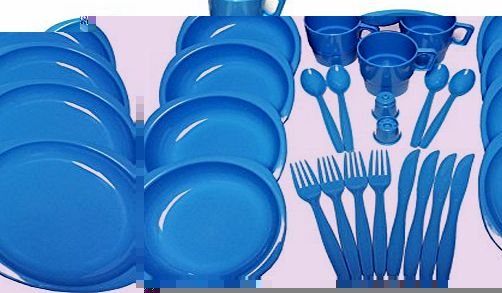 UKHobbyStore Choice of Blue or Green 26 Piece Plastic Picnic / BBQ / Festival / Camping / Party Set Including Plates, Bowls, Mugs, Knives, Forks, Spoons, Salt 