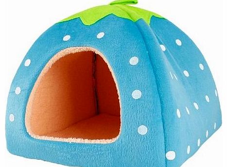 TM) Soft Sponge White Dots Strawberry Pet Cat Dog House Bed With Warm Plush Pad(Blue ,S) With Umiwe Accessory