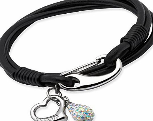 Unique Jewels 19cm Black Leather Bracelet with Steel Shrimp Clasp, Crystal Drop and CZ Heart Charm
