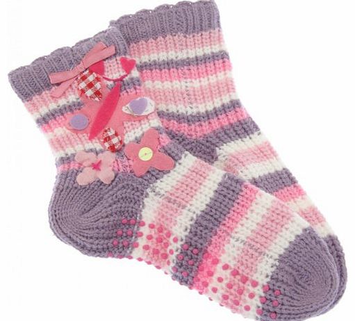 Girls Patterned Slipper Socks with Grippers (1 Pair) (12.5 - 3.5 (Age: 8-12 years)) (Lilac/Pink)