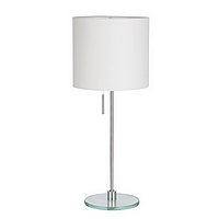 Polished chrome table lamp with white shade aqua glass base and on/off pull switch. Height - 50cm Di