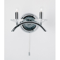Stylish wall fixture in a polished chrome finish with crystal glass sconces. Complete with on/off pu